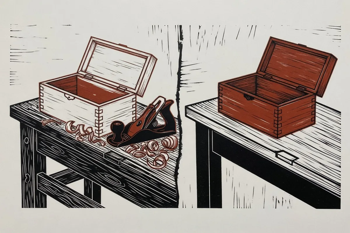 Qui fabrique, qui met en service Linogravure : à gauche un coffret encore à l'établi avec un rabot, à droite le même coffret ouvert sur le comptoir.