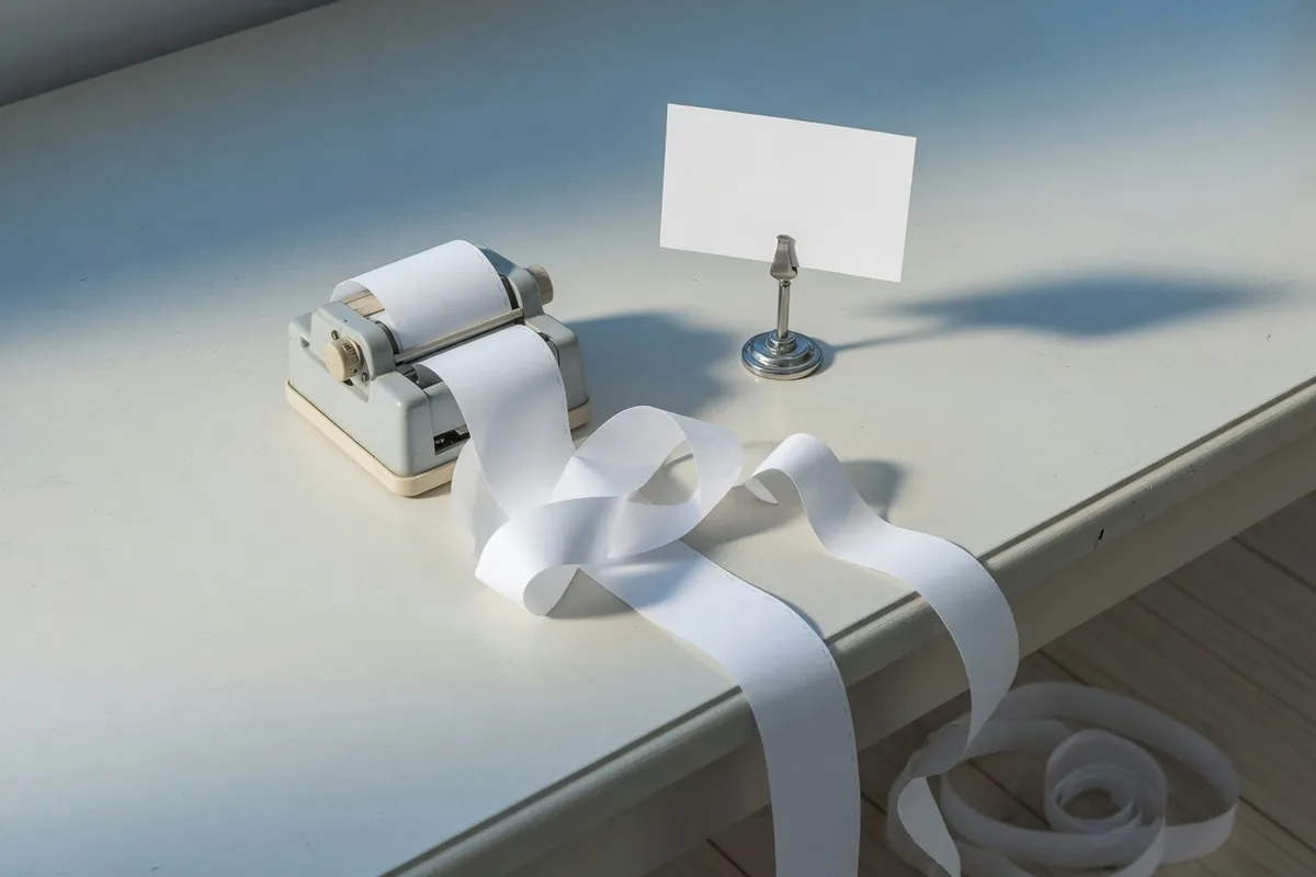 Sur un bureau clair, une petite imprimante laisse filer un long ruban de papier vierge, à côté d'une carte blanche sur un support.