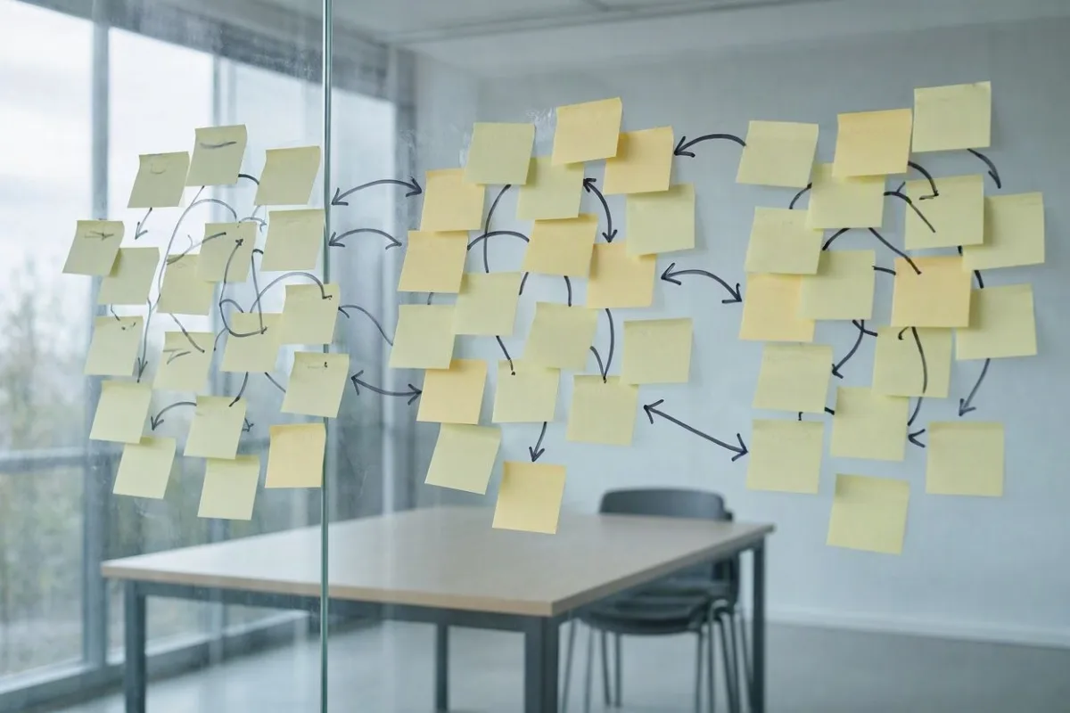 Cloison vitrée d'une salle de réunion vide couverte de post-it jaunes reliés par des flèches au feutre, en trois grappes emmêlées