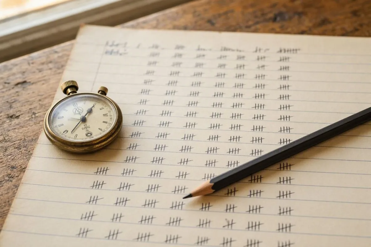 Feuille lignée couverte de bâtons de comptage sur des dizaines de lignes, un chronomètre ancien et un crayon posés dessus