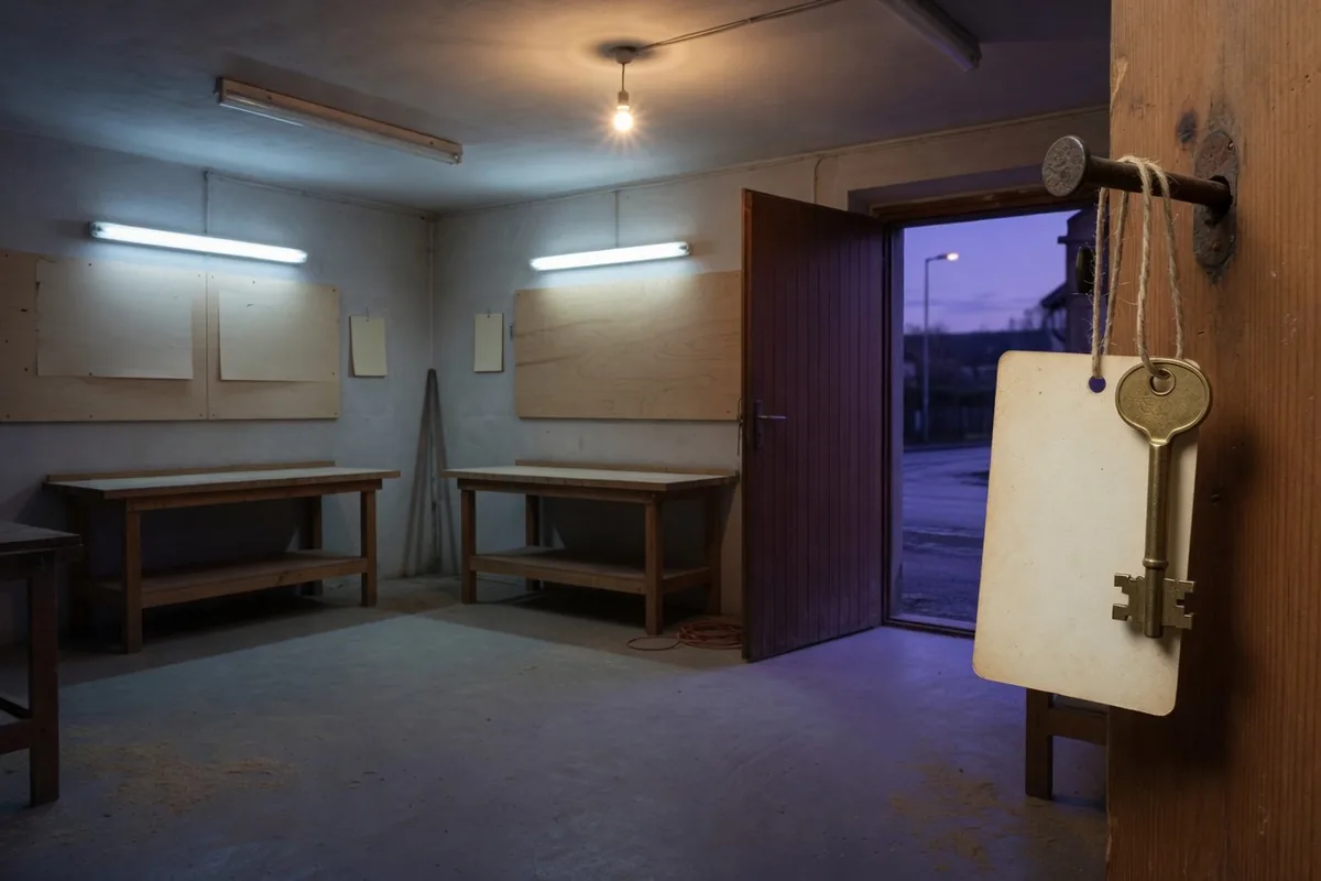 Le soir, un atelier vide aux lumières allumées : une carte vierge et une clé de laiton pendent au même clou, près de la porte ouverte.