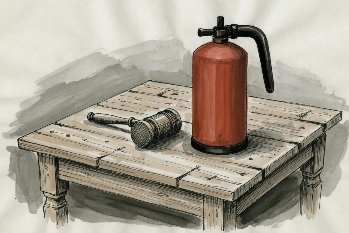Lavis : un maillet de bois et un extincteur rouge posés sur la même table de planches.