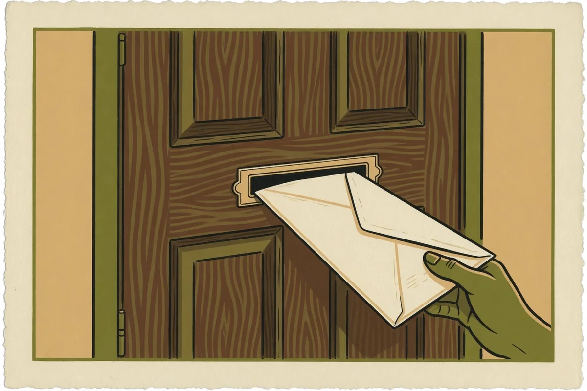 Ce qui passe par la fente Illustration à plat, olive et sable : une main présente une grande enveloppe à la fente étroite d'une porte