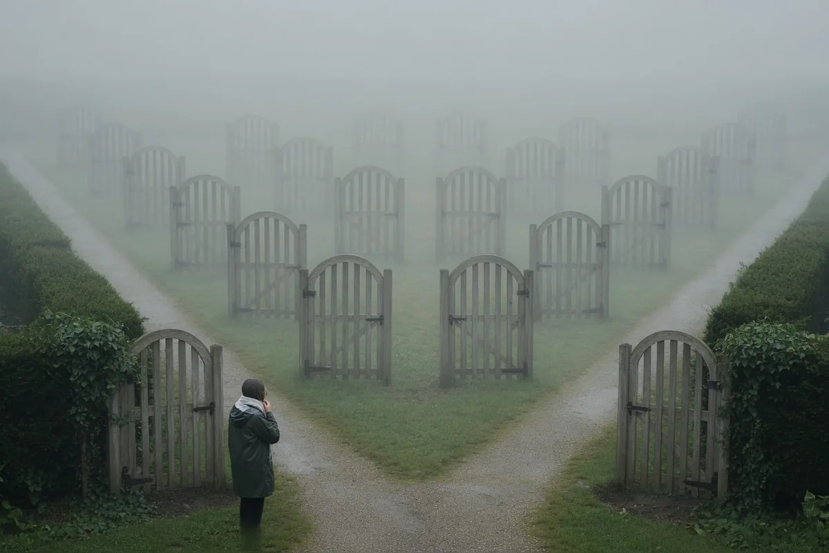 Trop de portes semblables Dans le brouillard, un chemin se divise en une foule de portails identiques, une personne s'arrête au premier embranchement