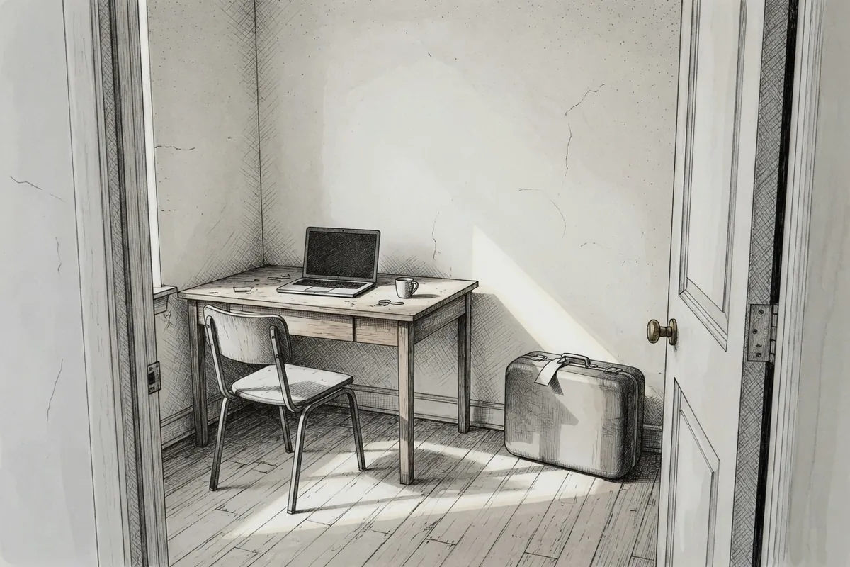 Dessin : un bureau vide, l'ordinateur fermé, une valise posée près de la porte ouverte.