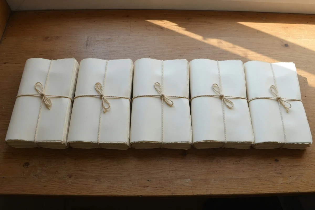 Cinq liasses identiques de papier crème, chacune nouée du même fil, alignées sur une table.