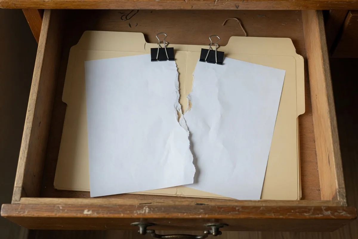 Dans un tiroir ouvert, une feuille blanche déchirée en deux, les deux moitiés encore tenues par des pinces sur une chemise.
