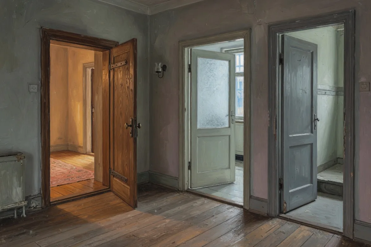 Peinture : trois portes différentes ouvertes dans un couloir, chacune donnant sur une lumière à part.