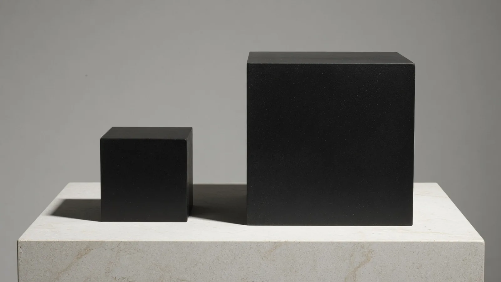 Deux cubes de fer noir sur un socle de pierre claire, de la même forme, l'un petit et l'autre immense