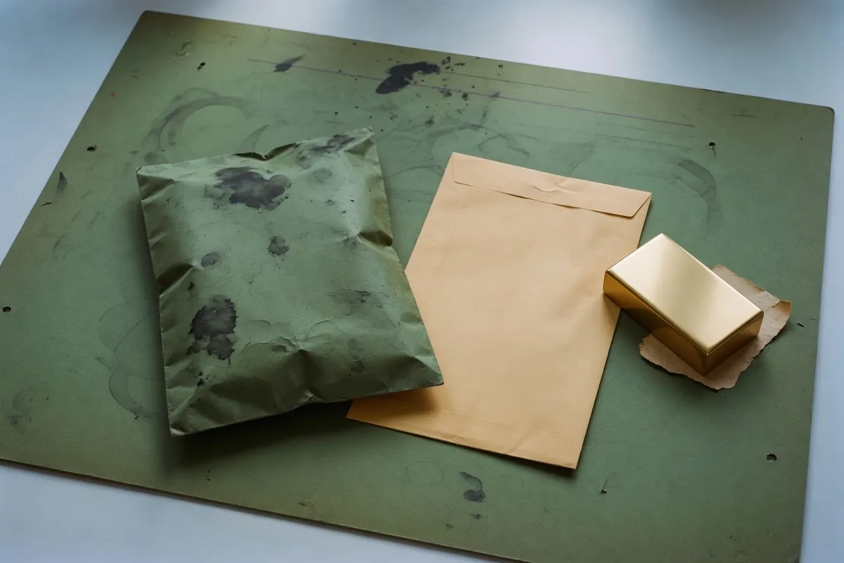 Sur un sous-main vert, une liasse épaisse à côté d'une enveloppe mince, avec un presse-papier de laiton lisse.
