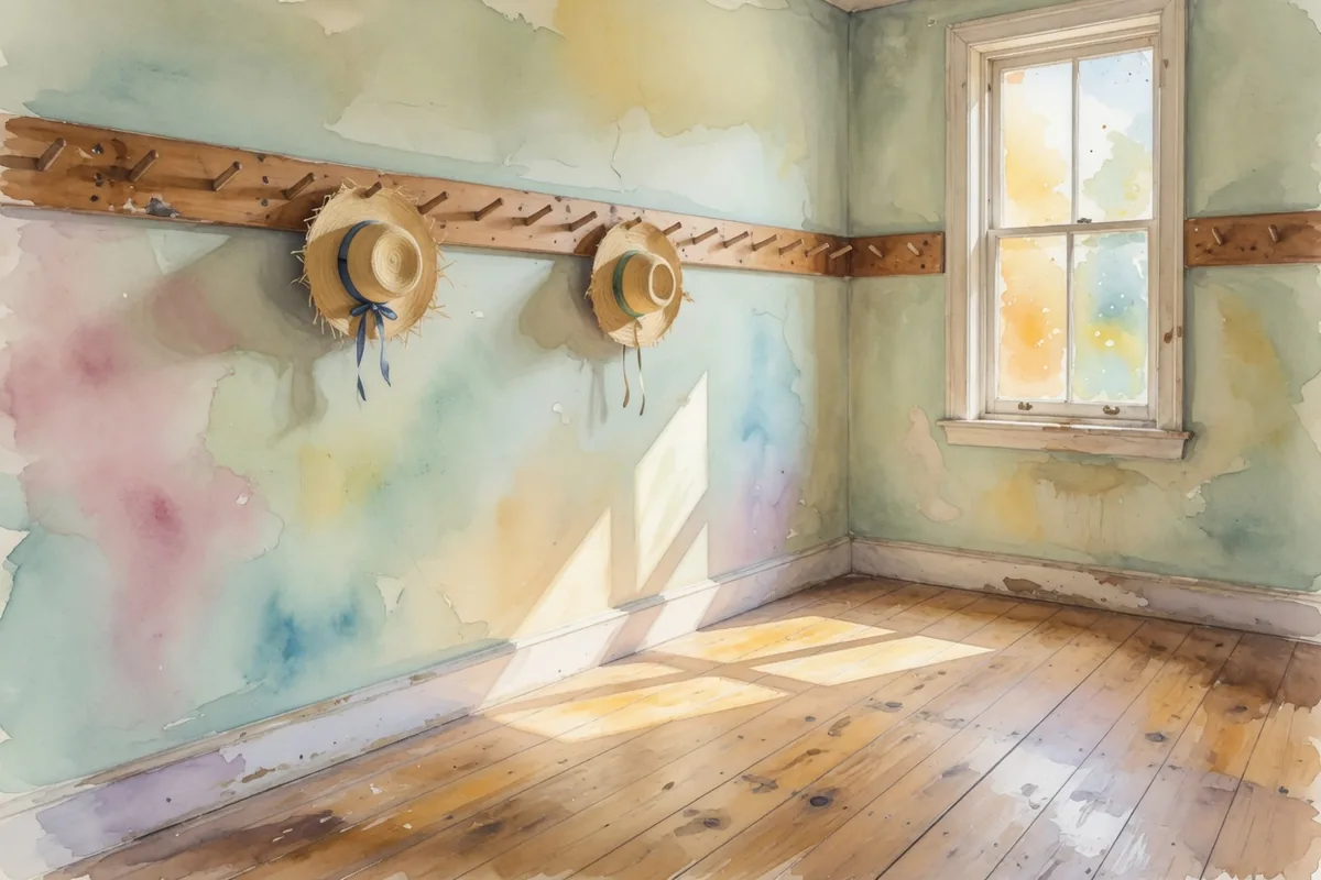 Aquarelle : dans un couloir d'été, un portemanteau dont presque toutes les patères sont vides, deux chapeaux de paille restés accrochés.