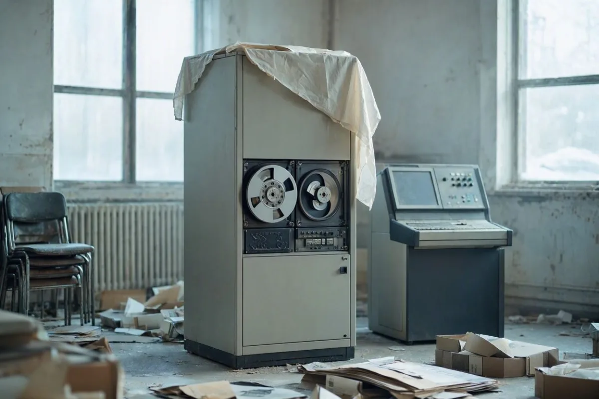 Laboratoire informatique des années 1970 à l'abandon : armoire à bandes magnétiques sous une bâche, chaises empilées, listings épars sur le sol