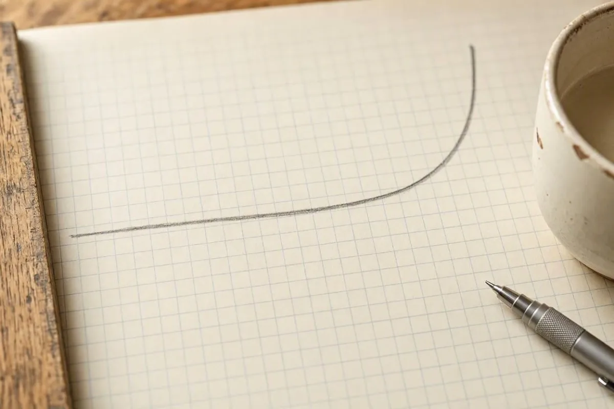Courbe tracée au crayon sur du papier quadrillé : une longue phase plate, puis une montée brutale sur la droite de la feuille