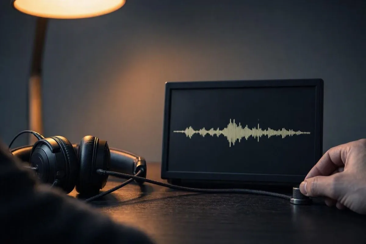 Casque de studio posé près d'un écran affichant une forme d'onde audio continue, sans respiration ni silence, sous une lampe de bureau