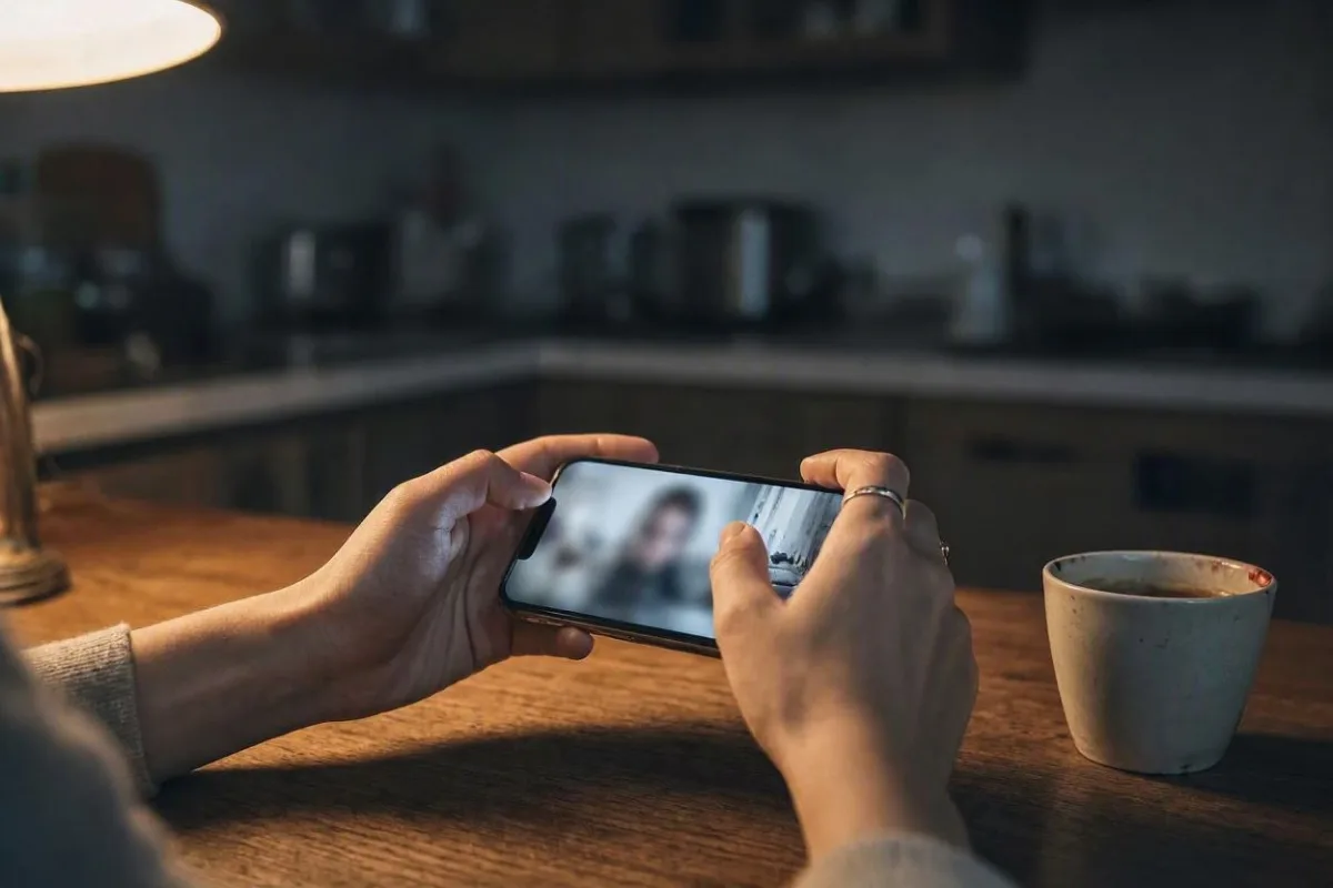 Deux mains tiennent un smartphone au-dessus d'une table de cuisine le soir, une vidéo floue arrêtée sur l'écran