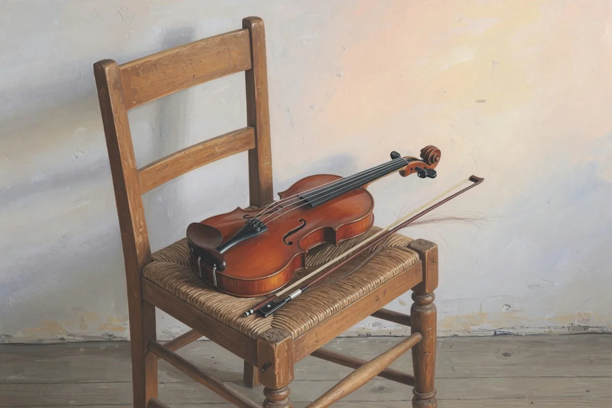L'instrument attend qu'on en joue Gouache : un violon et son archet posés sur une chaise, personne pour en jouer.