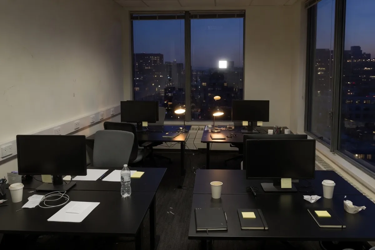Former ne suffit pas à retenir Un open space au crépuscule : une partie des bureaux est éteinte, l'autre garde une lampe allumée, des cahiers fermés et des feuilles blanches.
