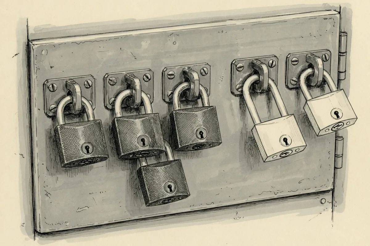 Des verrous encore en place Dessin : plusieurs cadenas sur une porte métallique, les uns fermés, deux ouverts sur la droite.