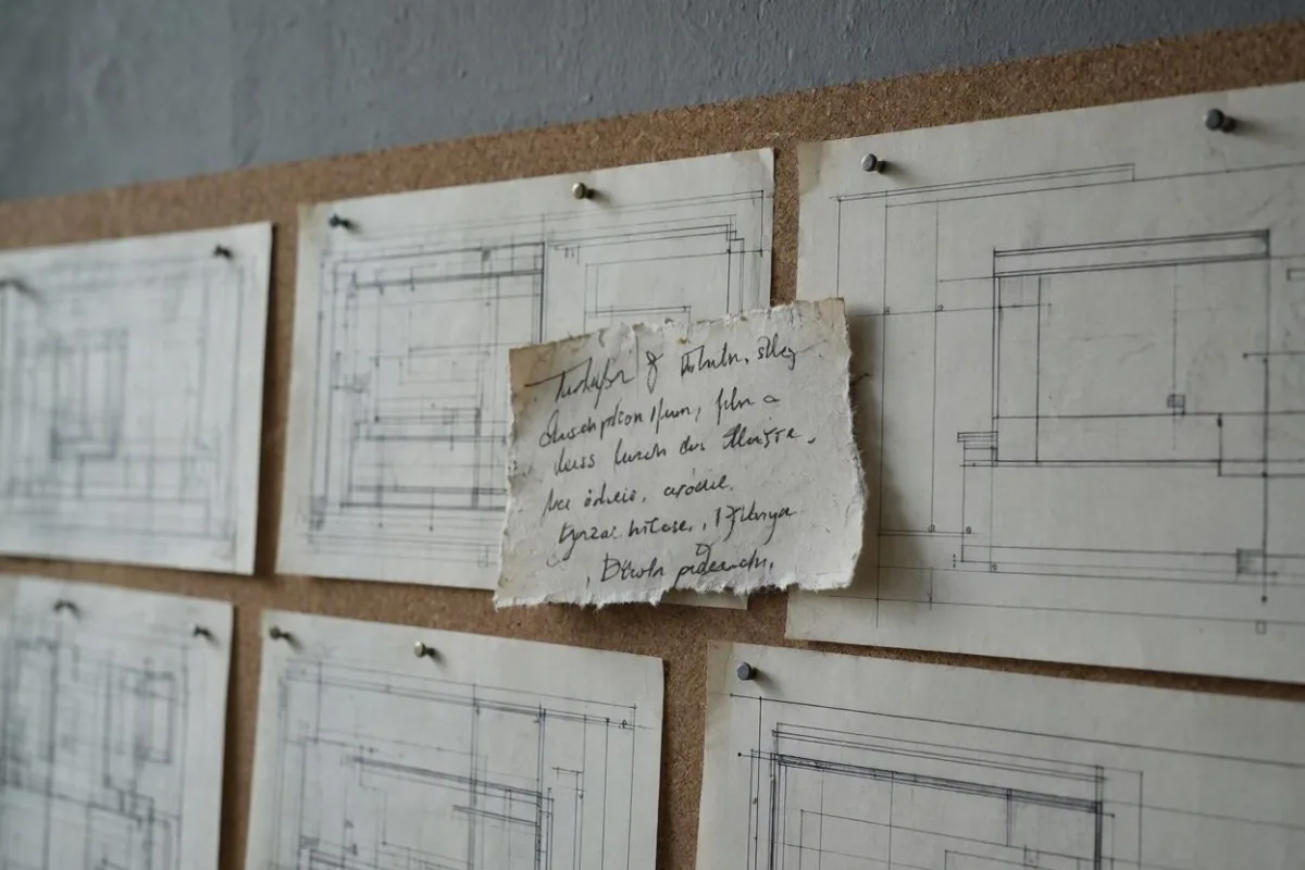 Une note manuscrite sur un bout de papier déchiré, punaisée au milieu de plans techniques cotés sur un panneau de liège
