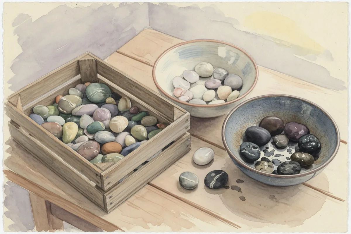 Aquarelle : une caisse de galets mêlés et deux bols, l'un de pierres claires, l'autre de pierres sombres