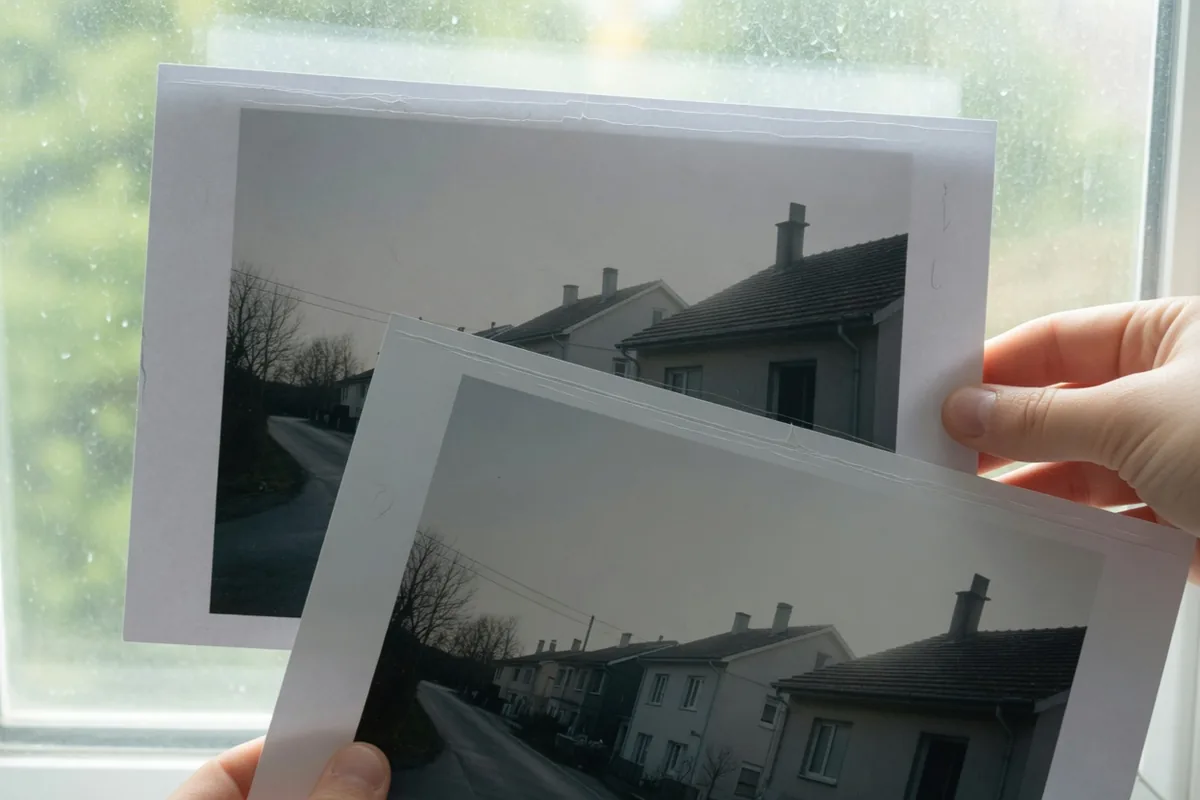 Deux tirages photographiques d'une rue tenus contre une fenêtre, légèrement décalés l'un sur l'autre