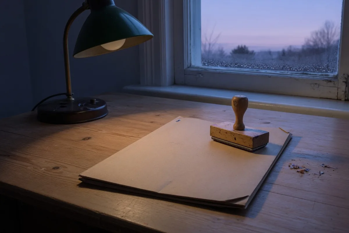 La chemise reste fermée Sous une lampe verte allumée, un tampon de bois posé sur une chemise kraft fermée.
