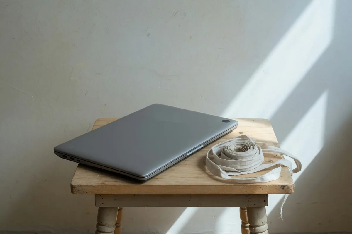 Mesurer avant de charger Un ordinateur portable fermé et un mètre de toile sans graduation, posés sur un petit meuble de bois contre un mur nu.