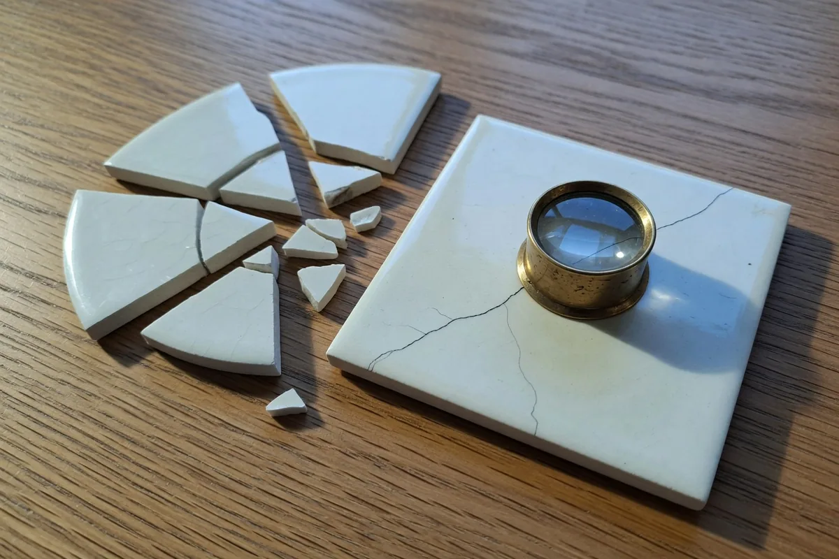 Sur une table de chêne, un carreau blanc brisé en éclats à côté d'un carreau presque entier, une loupe de bijoutier posée sur sa fêlure.
