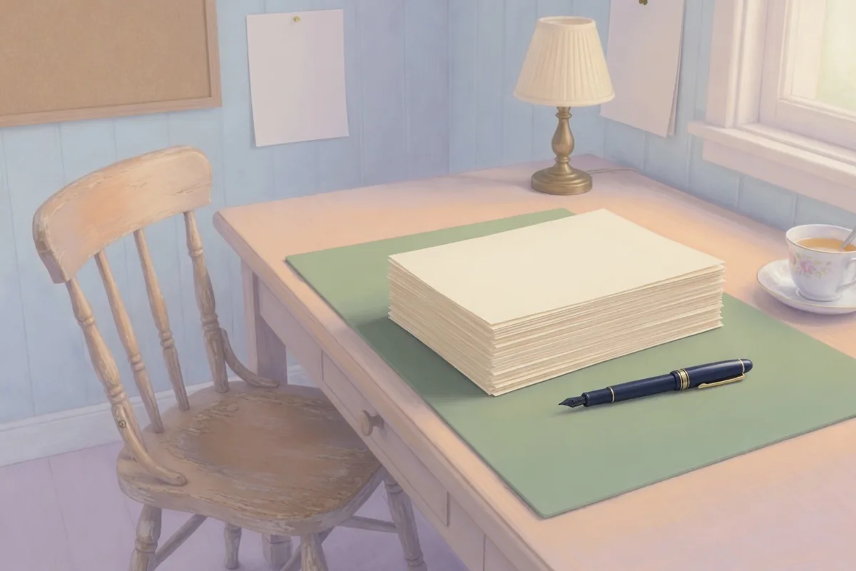 Pastel : une chaise vide devant un bureau, une pile de feuilles crème déjà là et un stylo à plume posé à côté.