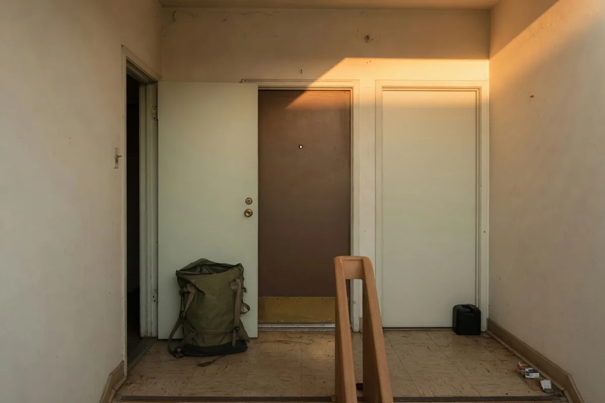 En fin d'après-midi, un sac de toile posé contre une porte entrouverte, les autres portes du palier sont fermées.