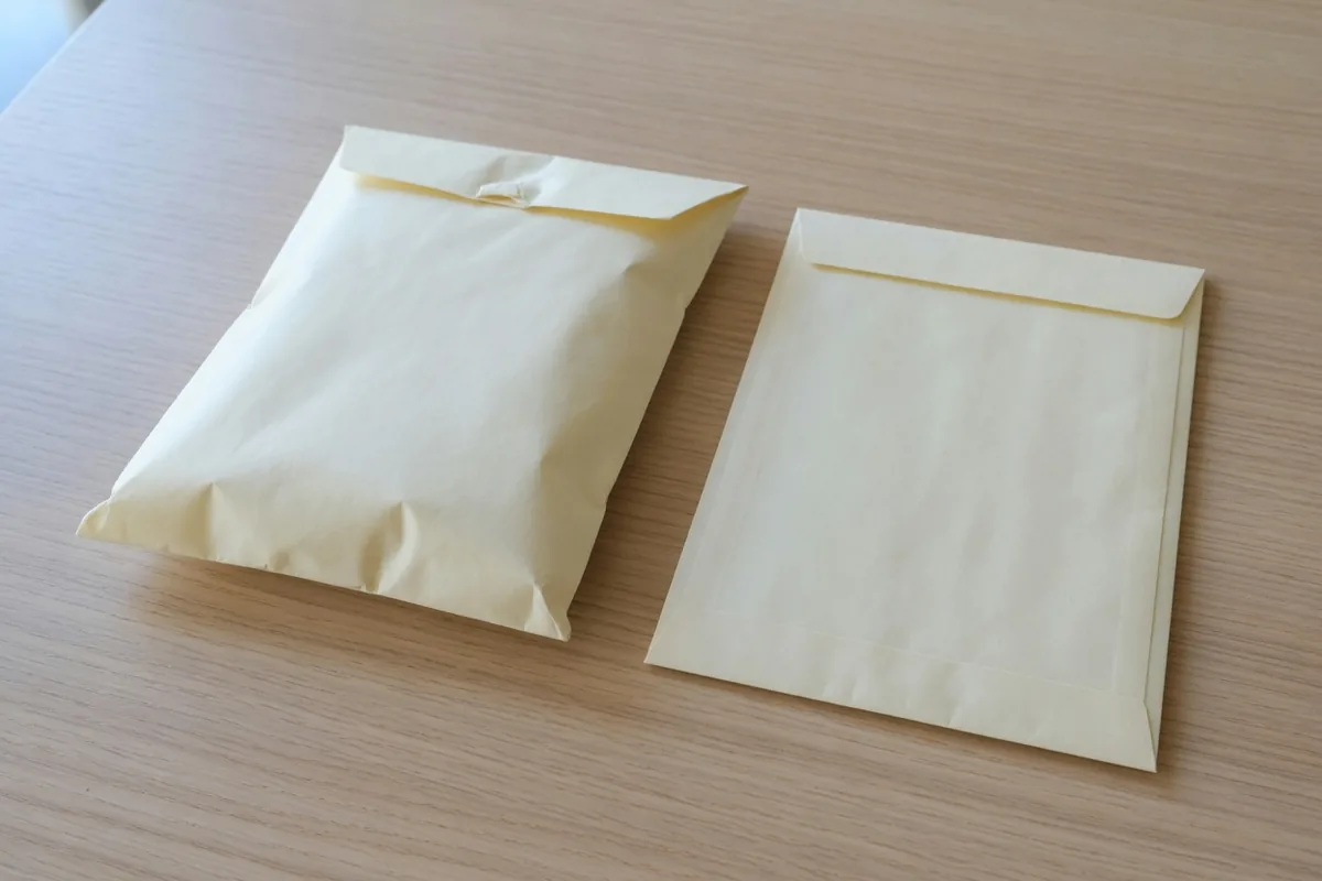 Deux enveloppes crème fermées sur une table de bois, l'une gonflée et l'autre plate.