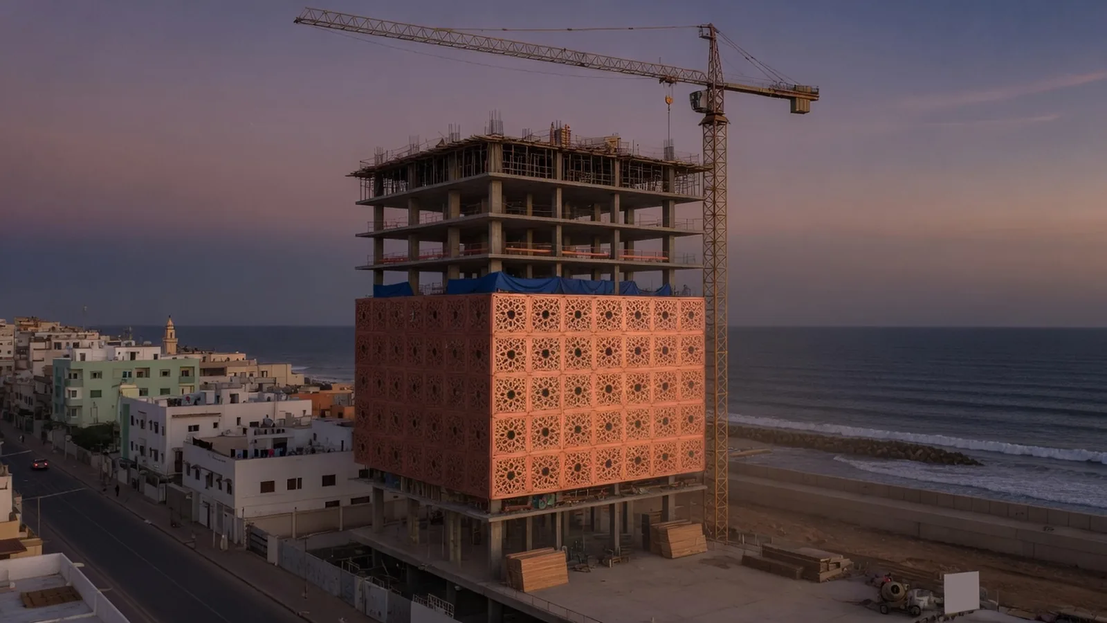 Au crépuscule, un immeuble en chantier au bord de l'Atlantique : les étages hauts encore en béton brut, les étages bas déjà habillés d'un écran de cèdre aux étoiles géométriques, une grue à côté