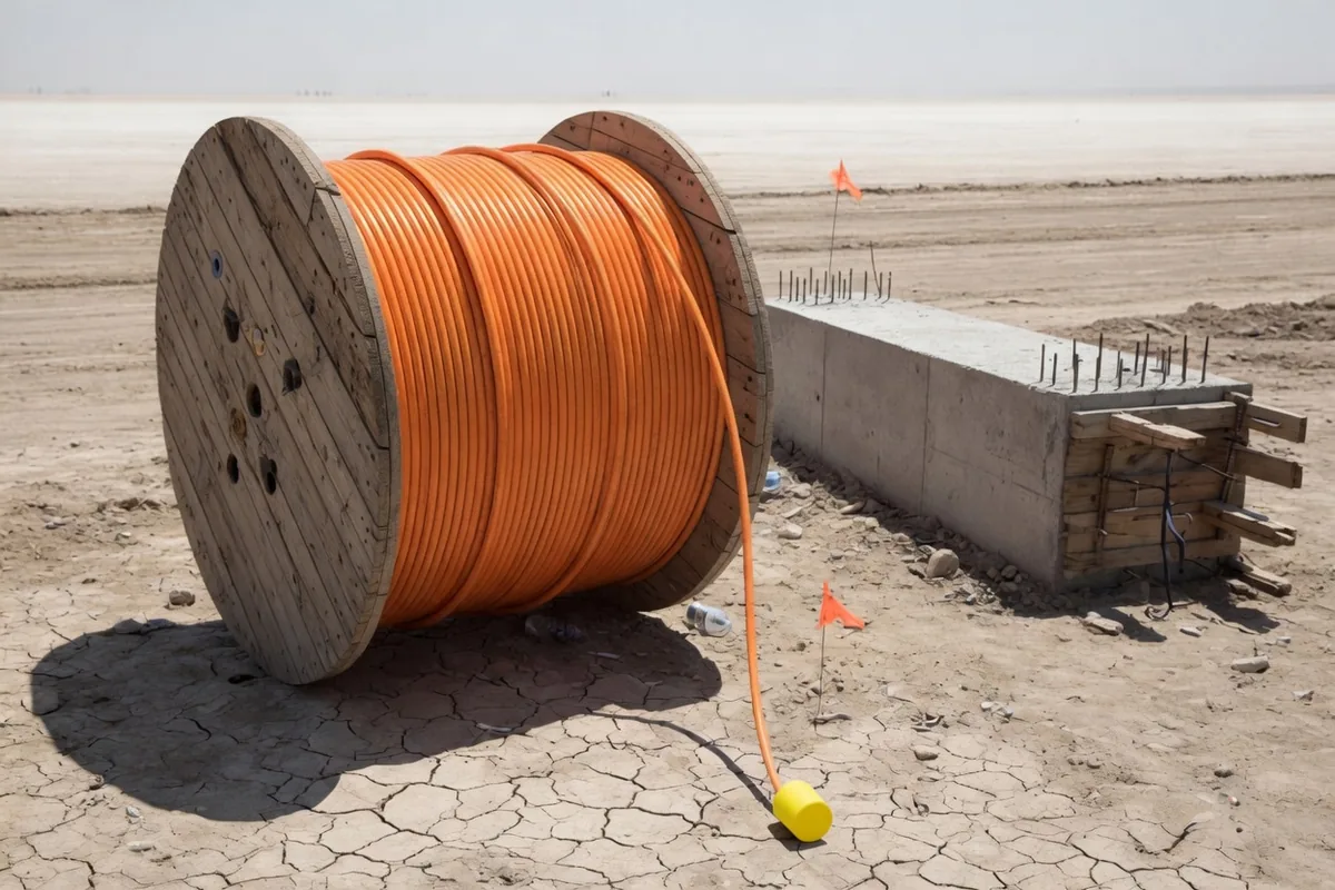 En plein soleil, une bobine de câble orange posée sur une terre craquelée, à côté d'un socle de béton encore ferraillé