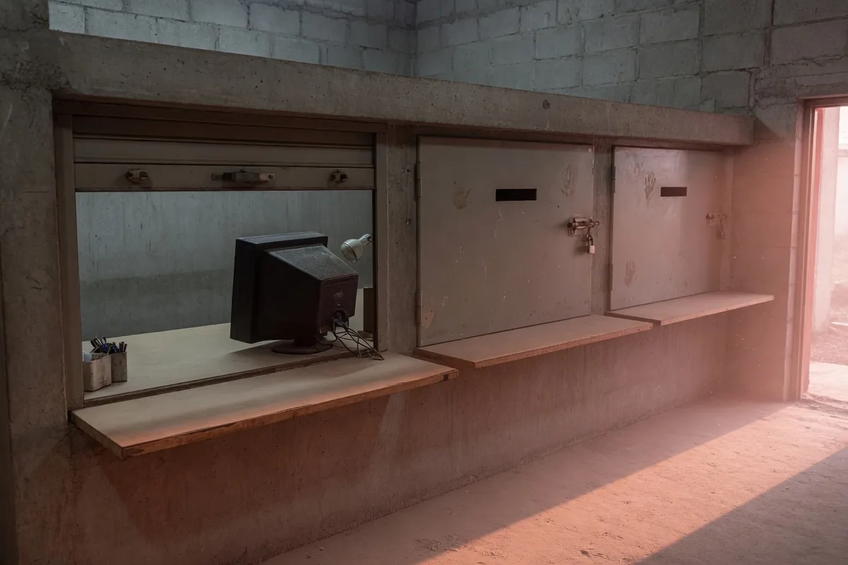 Un guichet public dans un hall de béton : un volet ouvert sur un écran éteint, les deux guichets voisins fermés.