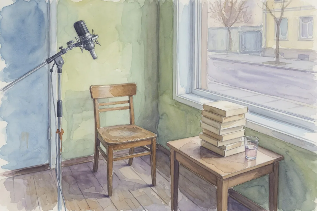 Aquarelle : un micro sur pied, une chaise de bois et une pile de livres vierges devant une fenêtre, avec un verre d'eau.