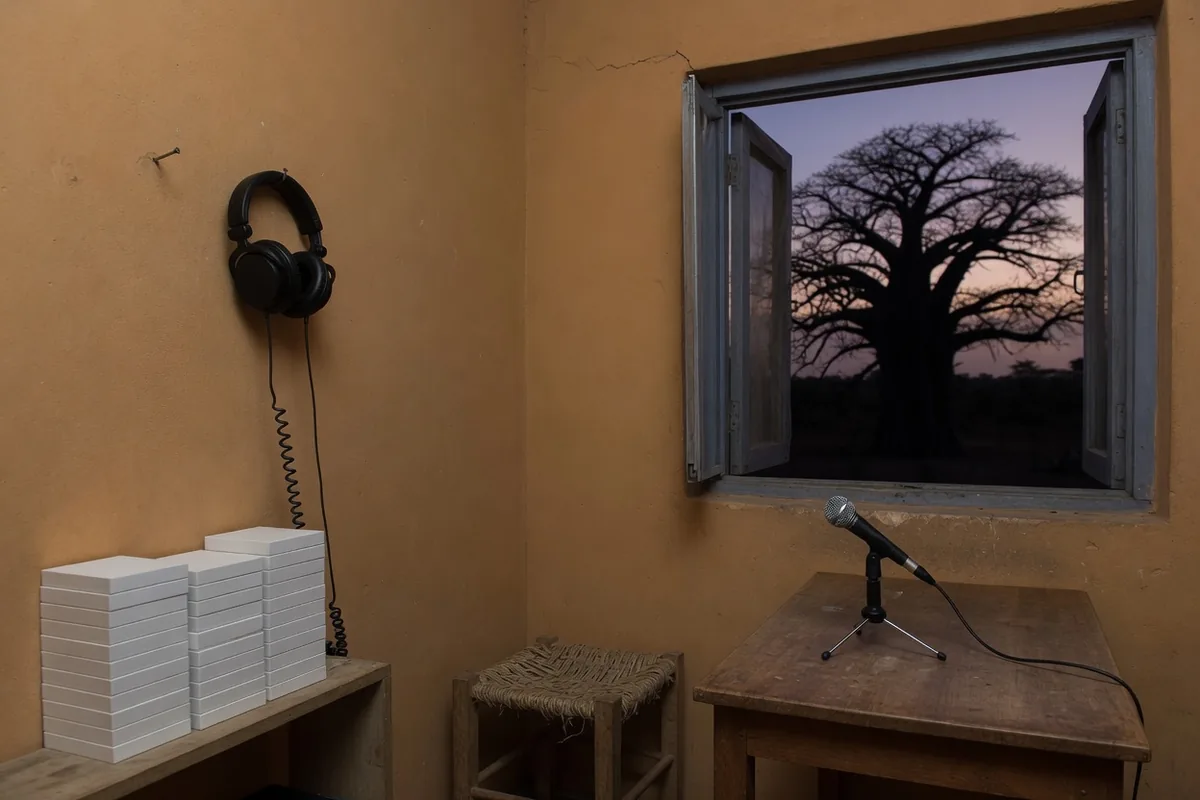Au crépuscule, un micro, un casque au clou et des piles de cassettes blanches dans une pièce ocre, un baobab à la fenêtre.