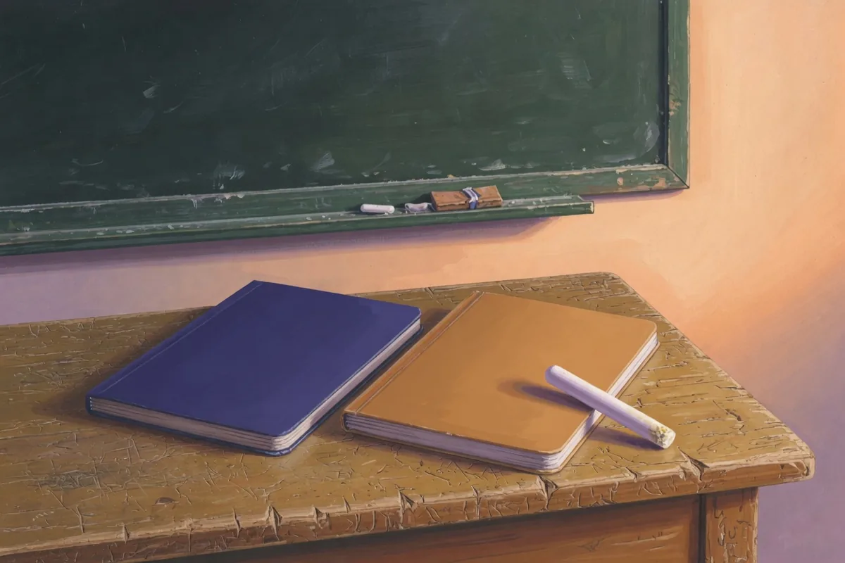 La souveraineté commence par la langue Deux cahiers fermés, l'un indigo et l'autre ocre, et une craie, devant un tableau vert vierge.