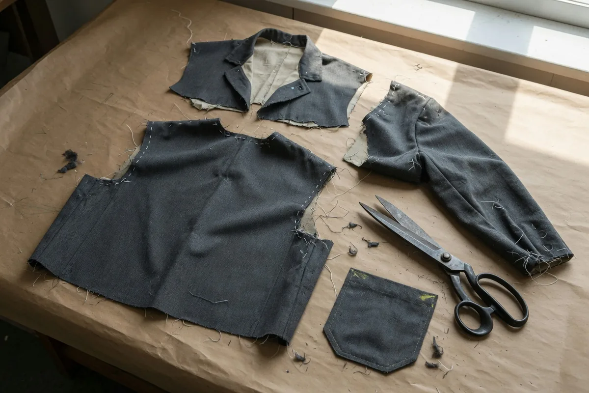 On automatise des tâches Sur une table de tailleur, un vêtement de travail décousu : corps, col, manche et poche posés à part, avec une paire de ciseaux.