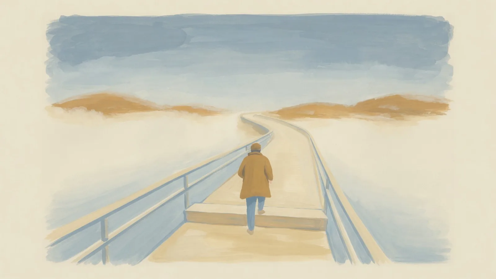 Gouache aux tons ocre et bleu pâle : une personne de dos pose le pied sur une large passerelle qui s'éloigne dans le matin