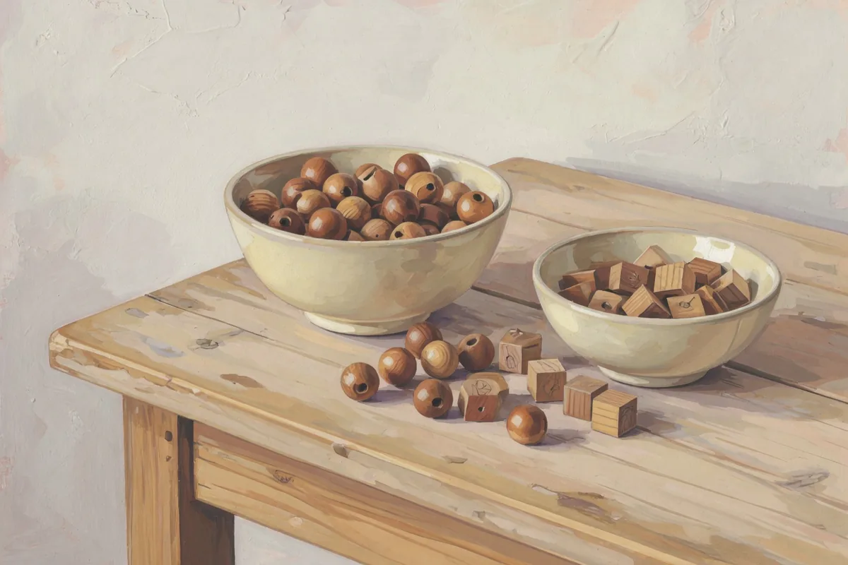 Gouache : deux bols sur une table de bois, l'un plein de billes rondes, l'autre de petits cubes, et un tas mêlé entre les deux.