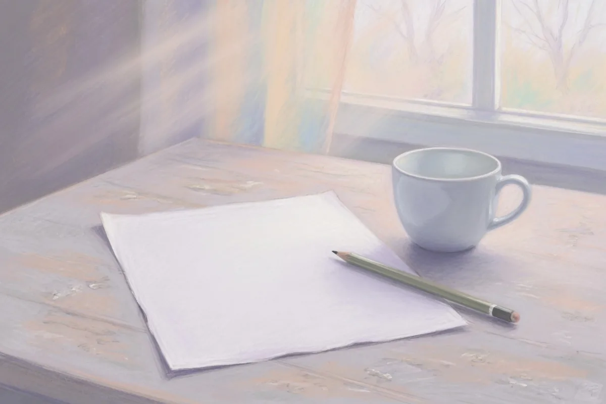 Pastel du matin : une feuille vierge, un crayon posé dessus et une tasse blanche devant la fenêtre.