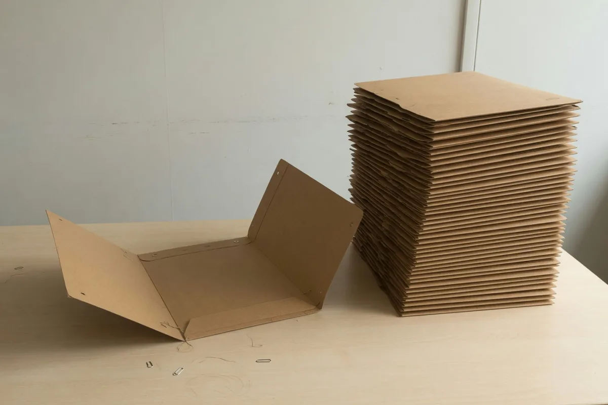 Un seul chantier sort de la pile Une chemise de carton ouverte à côté d'une haute pile de chemises fermées.