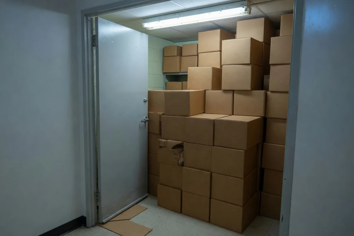 Tout est entré en même temps Un débarras dont les cartons montent jusqu'au plafond, la porte restée ouverte.