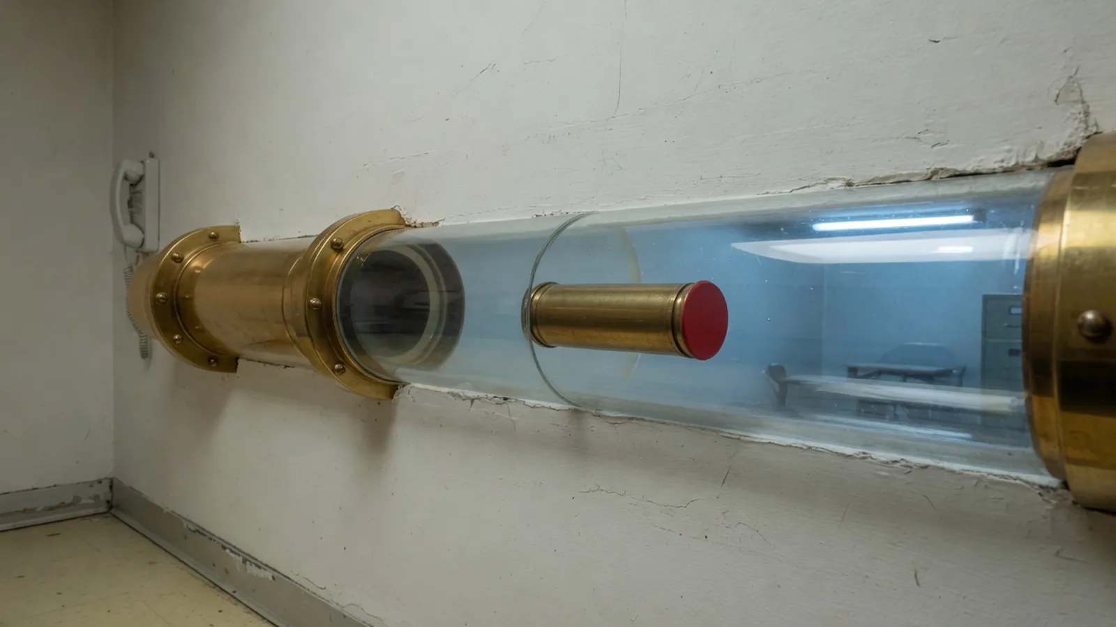 Un tube pneumatique de laiton et de verre traverse un mur de plâtre, une cartouche suspendue à mi-chemin entre une pièce chaude et une pièce froide