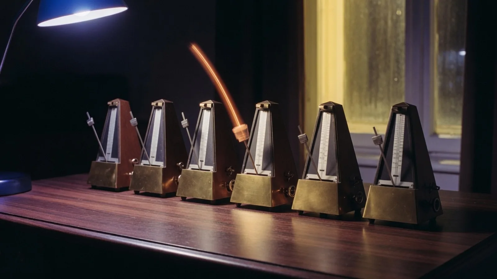 Une rangée de métronomes de laiton sur un bureau sombre, l'un d'eux pris en plein élan, son balancier traçant un arc de lumière chaude