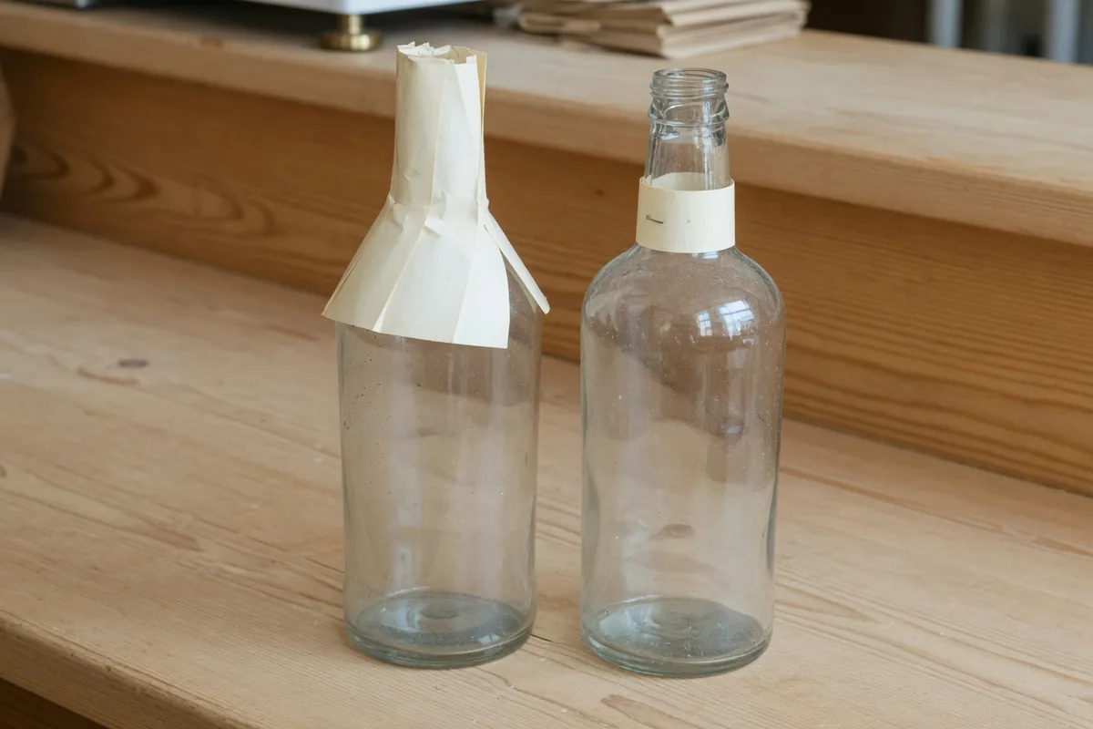 Le collier a rétréci Deux bouteilles de verre vides, l'une coiffée d'un grand capuchon de papier crème, l'autre d'un mince collier.