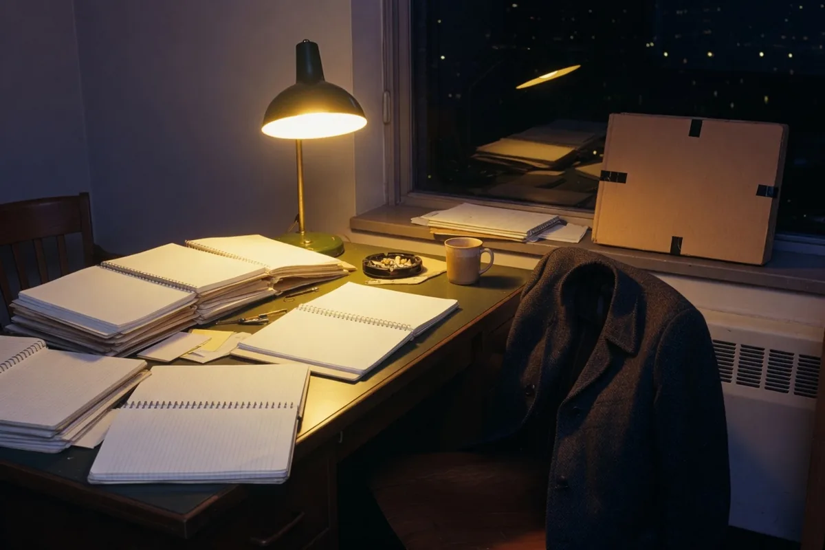 Un bureau universitaire la nuit : une lampe allumée sur des cahiers ouverts, un manteau sur la chaise, une boîte de carton fermée à l'écart sur le rebord de la fenêtre.