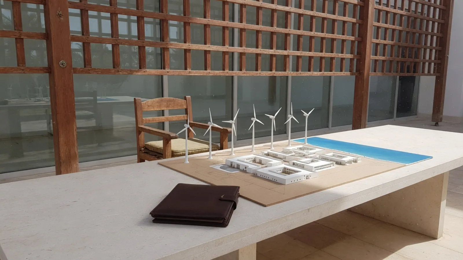 Sur une table de pierre, une maquette de campus blanc bordée d'éoliennes et d'un plan d'eau bleue, un portefeuille de cuir fermé et une chaise vide, devant une façade de verre abritée d'un claustra de cèdre.