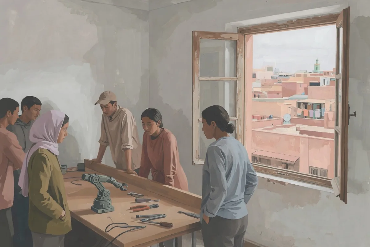 Les instituts, dans les régions Gouache : six personnes autour d'un établi où reposent un petit bras robotisé et des outils, une fenêtre ouverte sur les terrasses d'une ville ocre.