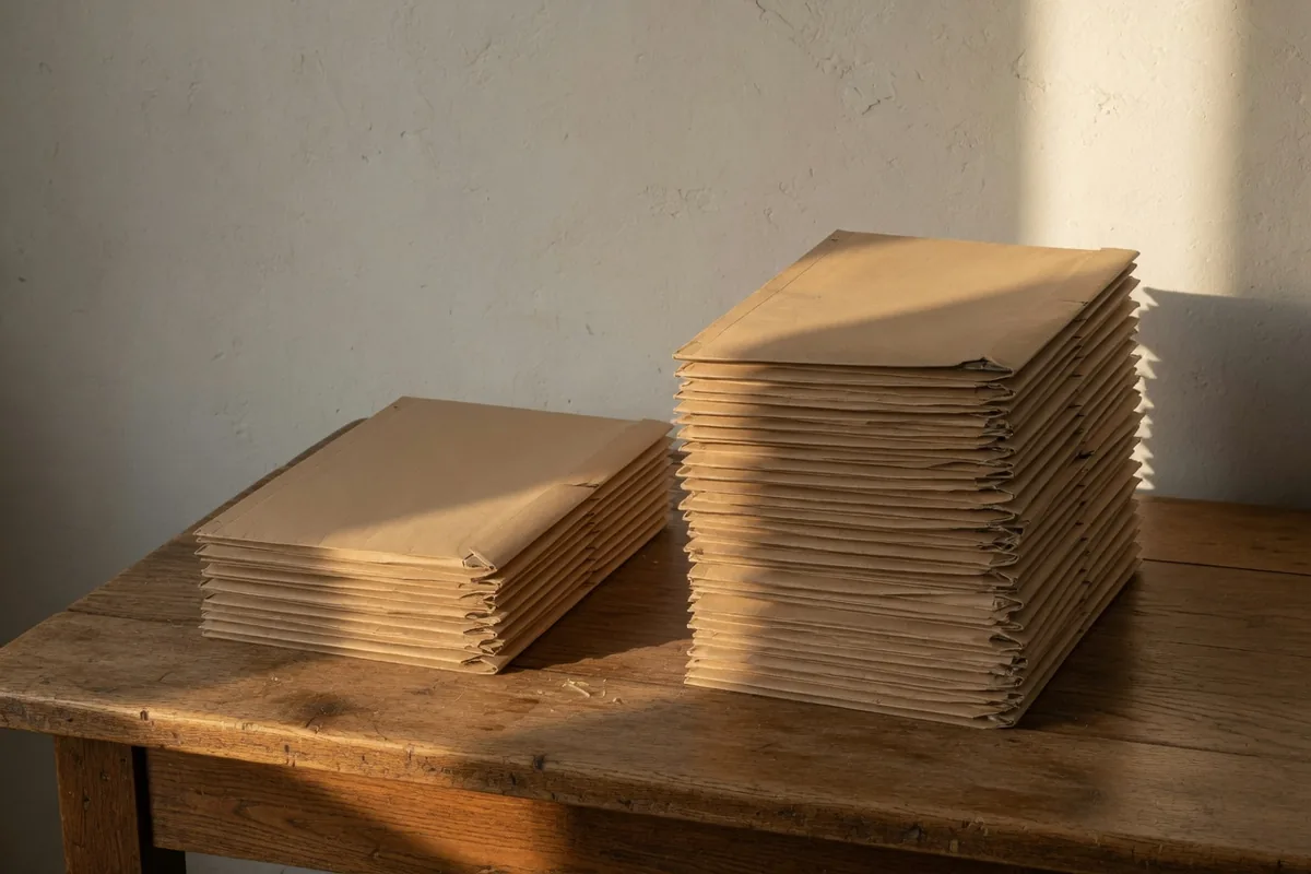 Deux chiffres qui ne comptent pas la même chose Deux piles de chemises kraft sur une table de chêne, l'une basse et l'autre beaucoup plus haute, dans une lumière d'après-midi.